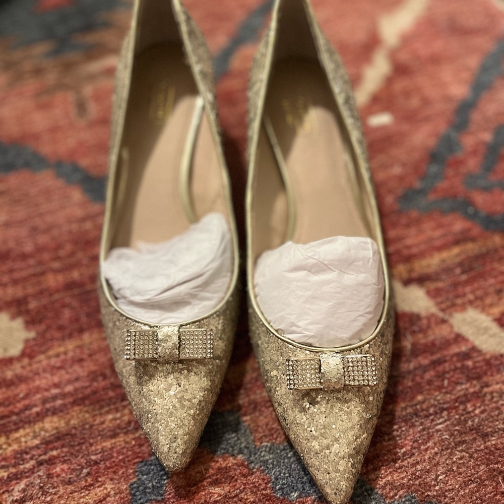 Coach Gold Glitter Kitten Heels with Bow Accent
